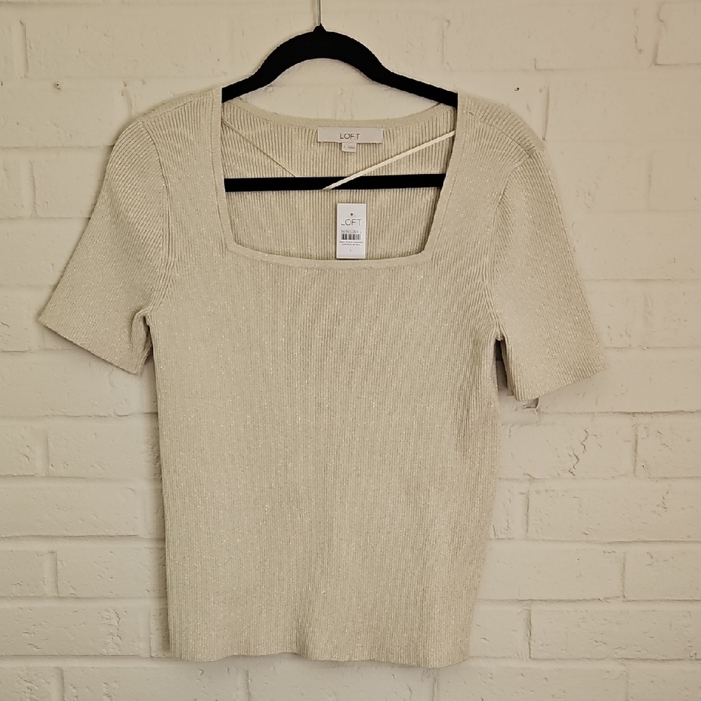 LOFT Beige Ribbed Square Neck Blouse